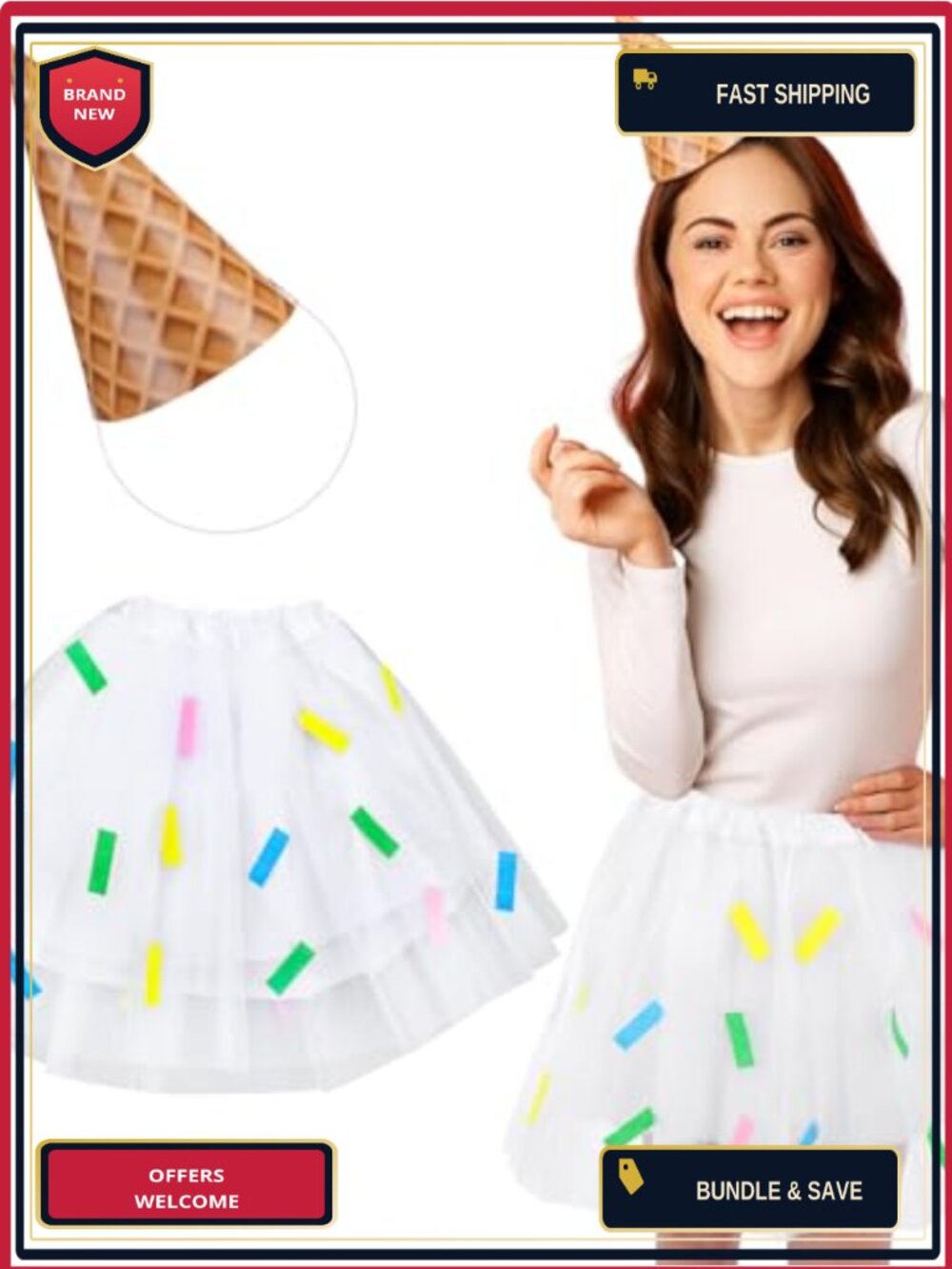 Ice Cream Costume Set Cone Hat Mesh Skirt Halloween Food Cosplay